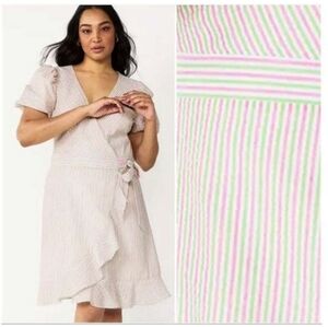 DRAPER JAMES RSVP Pink Green White Striped Seersucker Puff Sleeve Wrap Dress XL